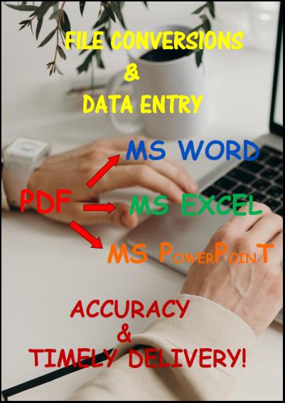 Deals on File Conversions; PDF to MSWord, Excel, PowerPoint, JPEG etc., Data Entry and Typing 